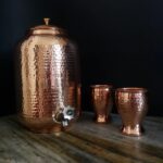 Hand Hammered Copper Water Dispenser with Copper Cups: Indian Jug