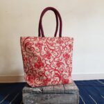 Handwoven Jute Tote Bag: Red Block Print, Zipper, Phone Pouch