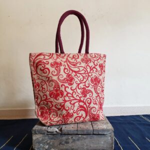 Handwoven Jute Tote Bag: Red Block Print, Zipper, Phone Pouch